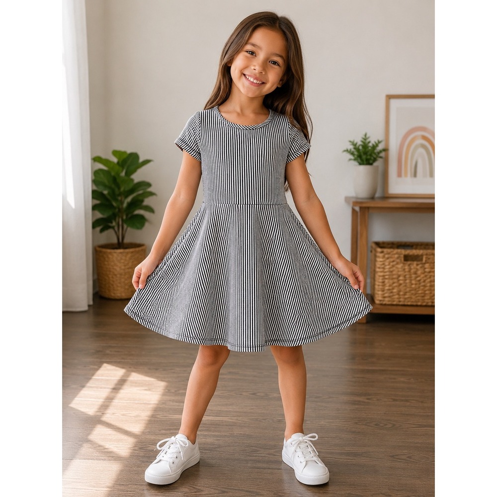 Piro Premium Girls Black White Striped Fit and Flare Skater Dress Size L